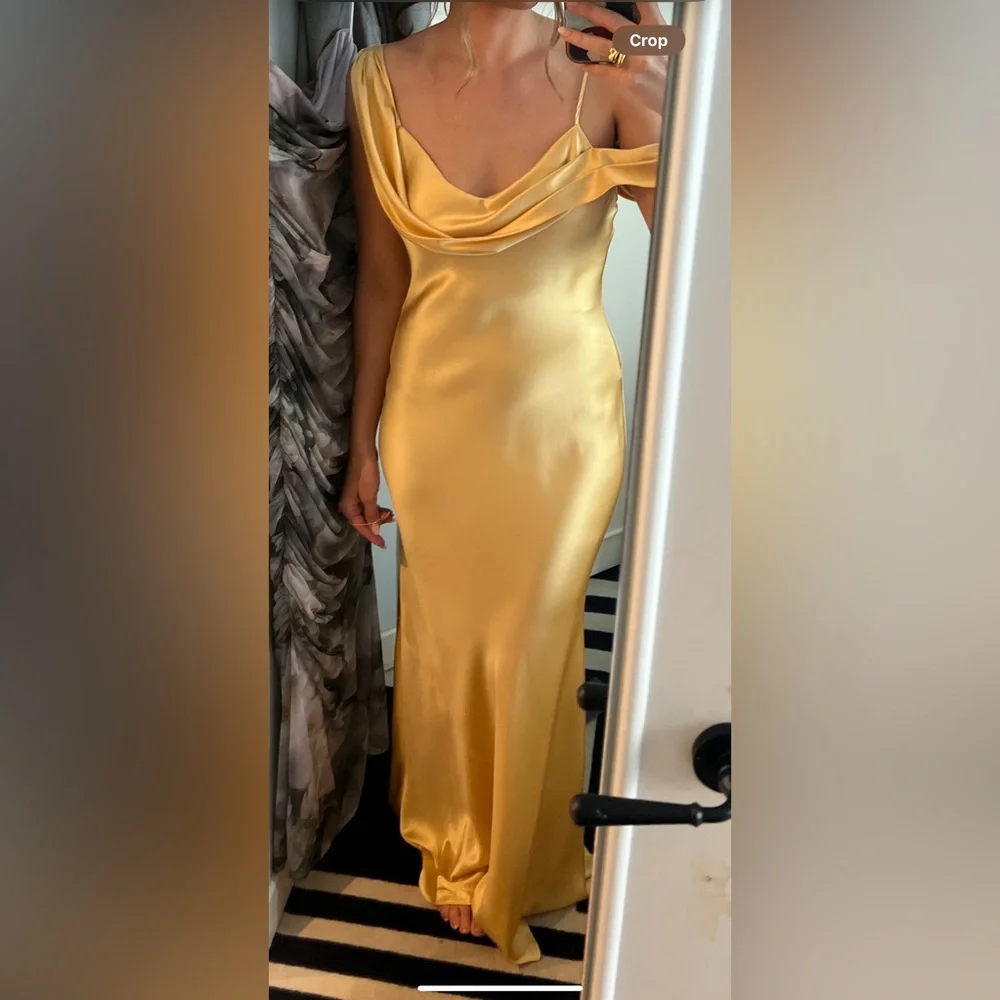 slim fit dress slacks Mac Duggal - Yellow Ruched Halter Neck Tie Back Satin Gown